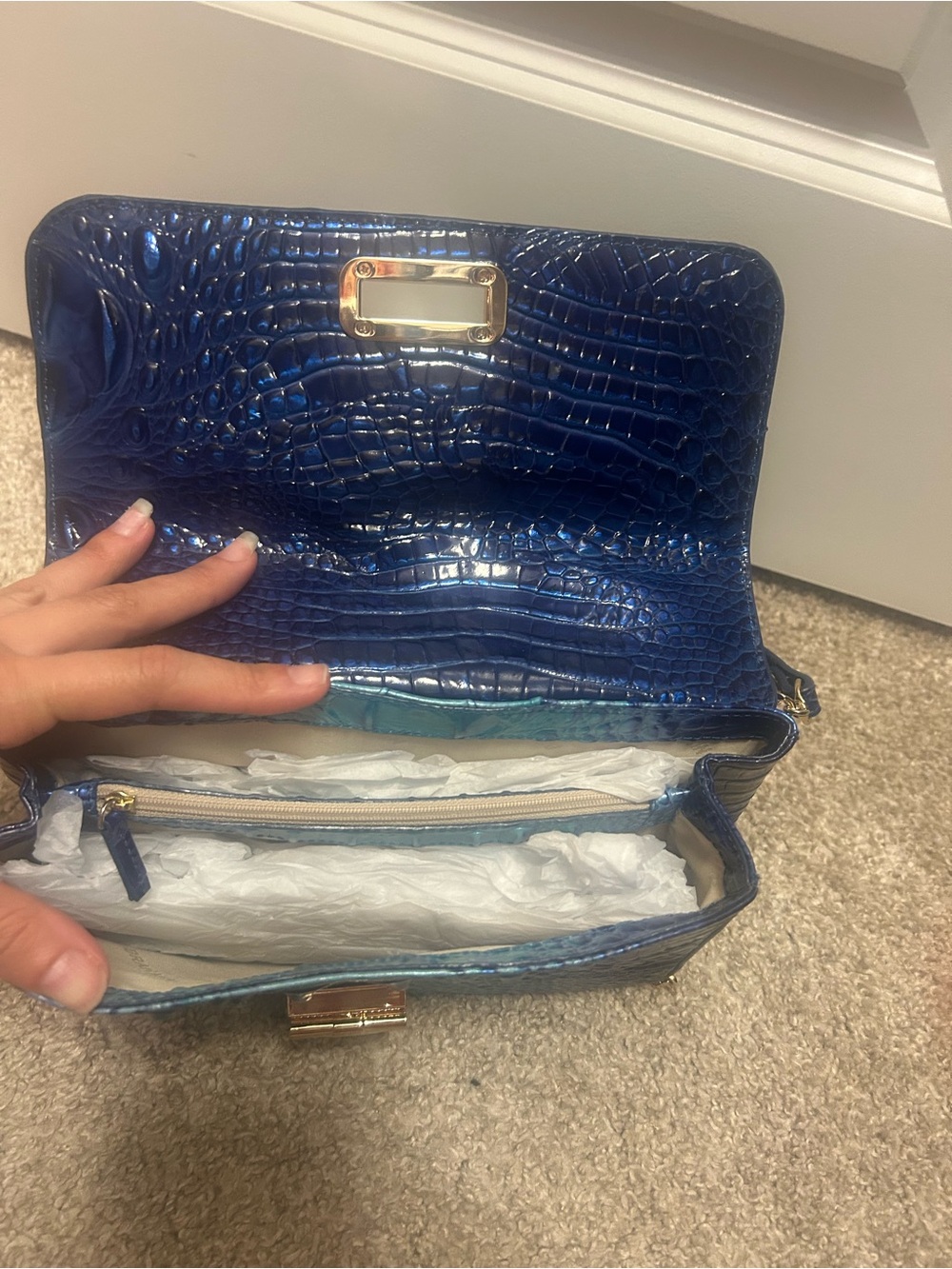 Brahmin Blue-to-Teal Ombre Croc-Embossed Shoulder Bag with Gold Hardware - Picture 3 of 9